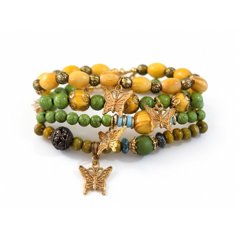4pc Bohemian Beaded Stretch Bracelet Set‎ Green Yellow Gold Butterfly Charms